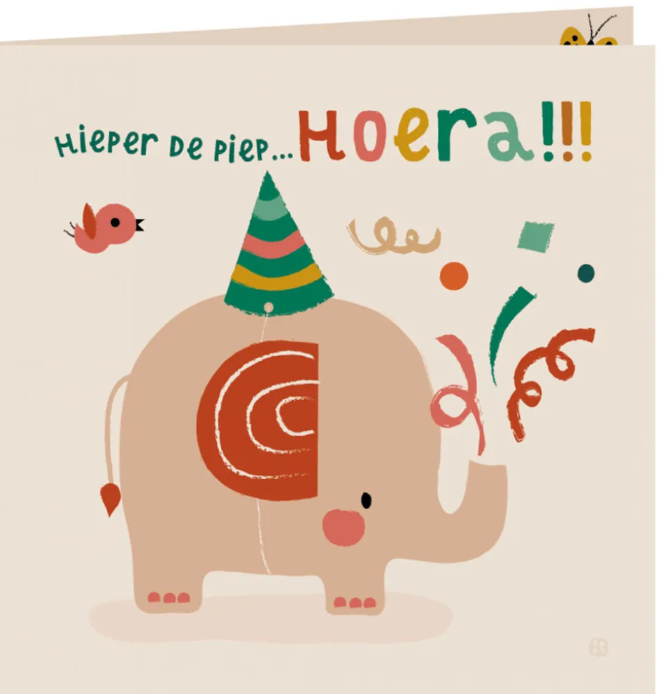 By- Bora kaart met envelop / Hoera olifant